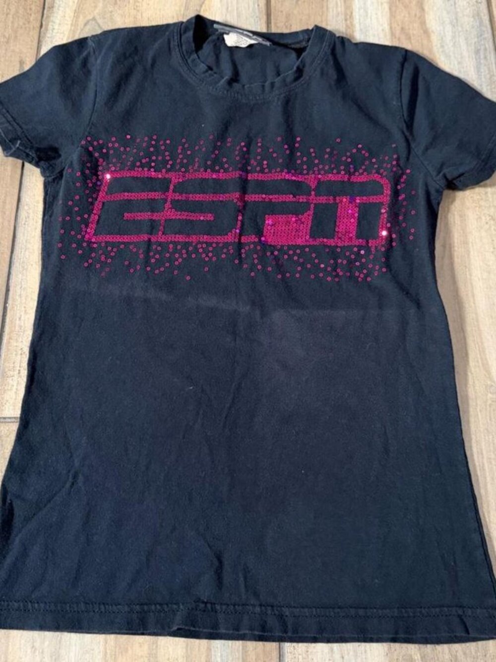vintage ESPN black baby tee with a pink glittery ESPN logo